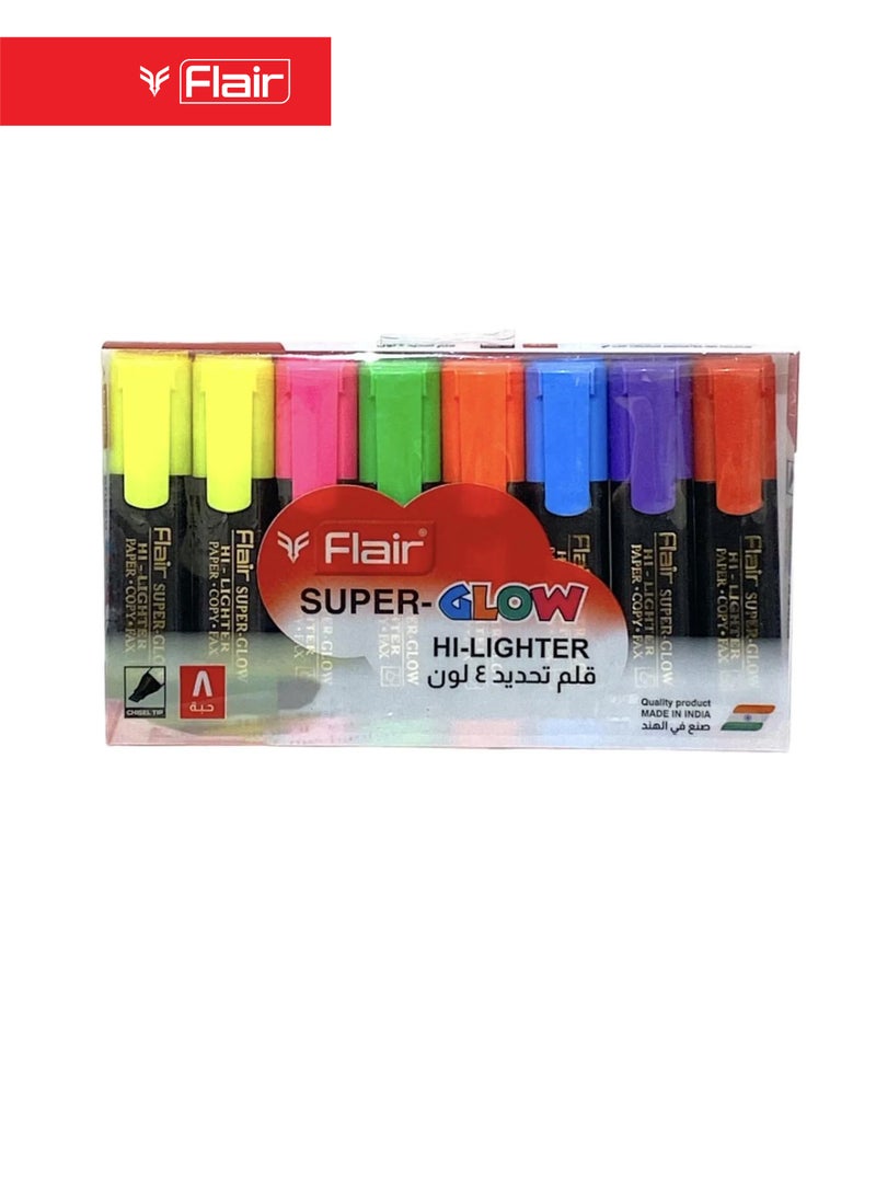 Flair Super-Glow Highlighter Pen, Chisel Tip, Fluorescent Assorted Colors, Pack of 8 - Image 1